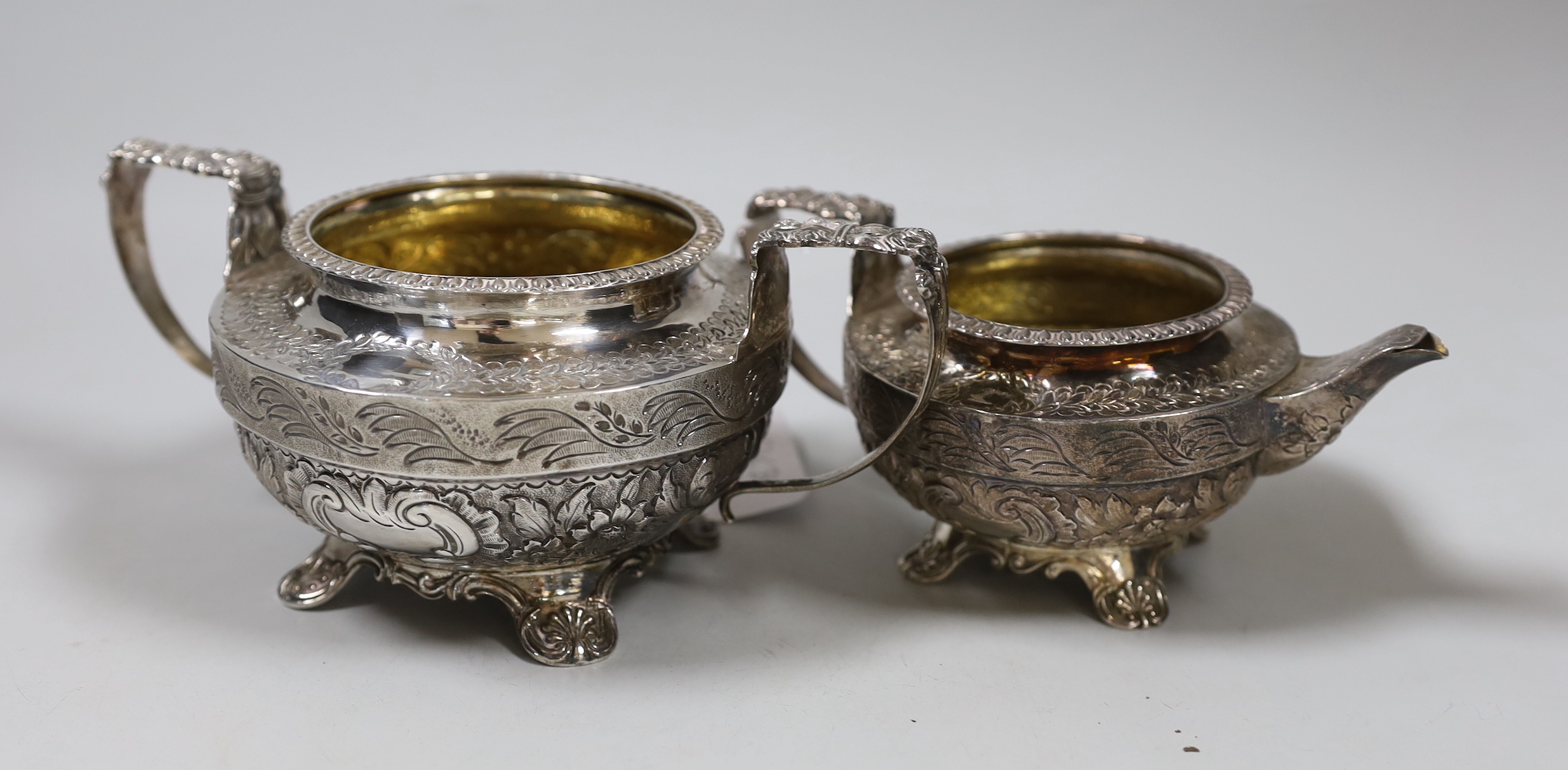 A George IV silver cream jug and two handled sugar bowl by Adey Bellamy Savory, London, 1825, 16.8oz (see lot 811 for a near matching teapot)